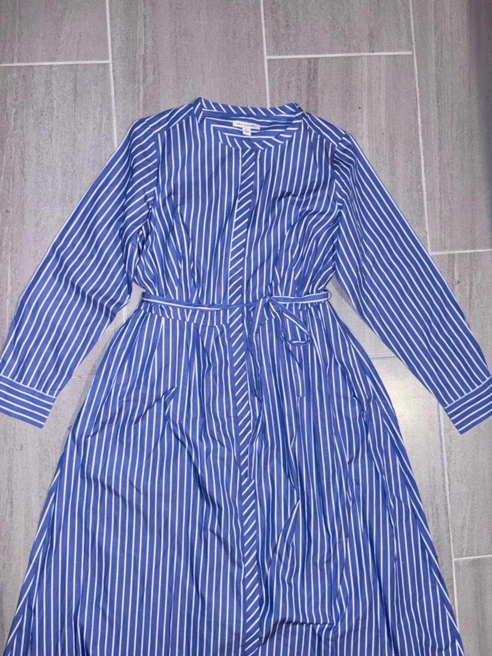 Blue and White Striped Long-Sleeve Button-Front Midi Dress with Tie Waist - Picture 2 of 6